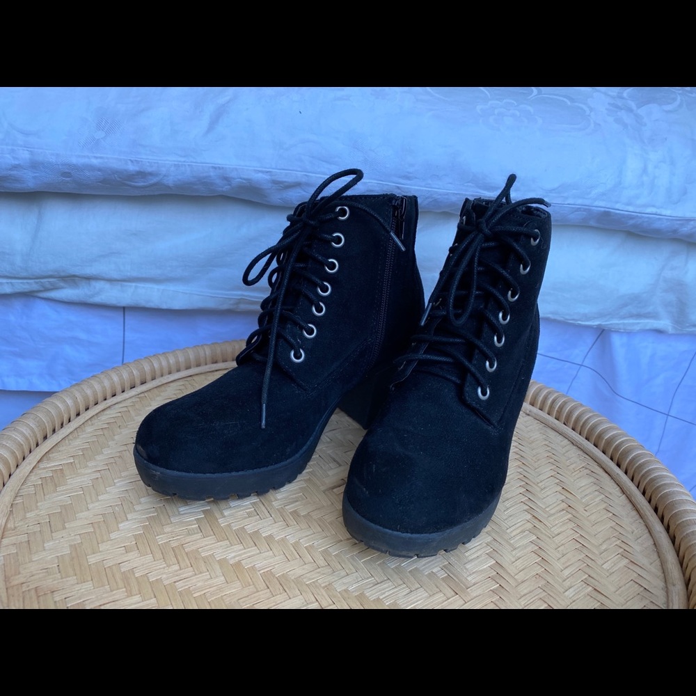Black block heel bootie vegan suede 7.5